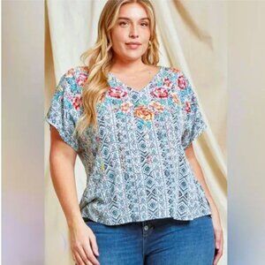 Savanna Jane Top Women's Medium Floral Embroidered Boho V-Neck‎